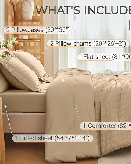 MUXHOMO 7 Pieces Full Comforter Set, Seersucker Bed in a Bag Full Size, All Season Luxury Bedding Set with Comforter, Flat Sheet, Fitted Sheet, Pillowcases & Shams, Khaki