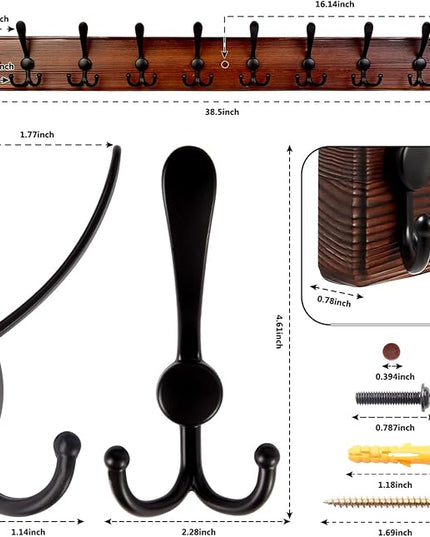 38.6'' Large Coat Rack Wall Mount Coat Hooks Coat Hanger with 10 Metal Black Triple- Hooks Brown Pine Real Wood Plank Hat Rack for Wall Hooks for Hanging Coat Hat Jacket