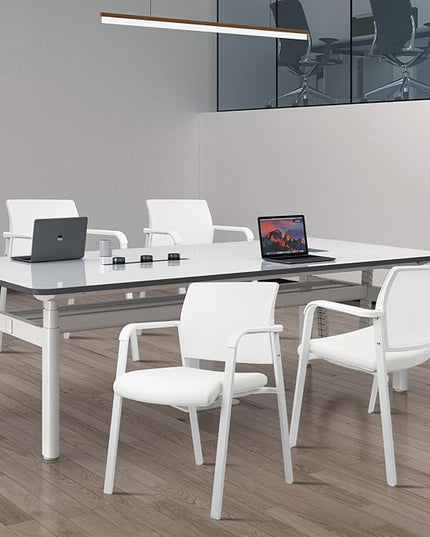 CLATINA Stacking Office Chairs | Mesh Back, Thicken Leather Seat and Arms, Ergonomic Lumbar Support | Guest Reception, Waiting, Conference, School, Party, Customer, Side, Stationary | Set of 4, White