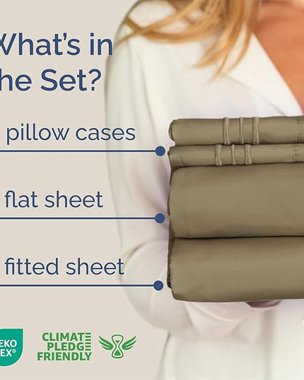 Queen Size 4 Piece Sheet Set - Comfy Breathable & Cooling Bed Sheets Set - Hotel Luxury Bedding for Women, Men, Kids, Teens, Boys & Girls - Deep Pockets, Ultra-Soft, Wrinkle Free - Oeko-Tex - Khaki
