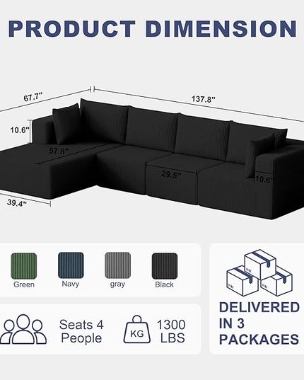 138" Boneless Couches for Living Room, Modular Cloud Couch Sofa - 4 Pieces L Shap Corduroy Sectional Sofa, Fluffy Memory Foam Sleeper Sofa Furniture, No Assembly, Wide Armrest, Black