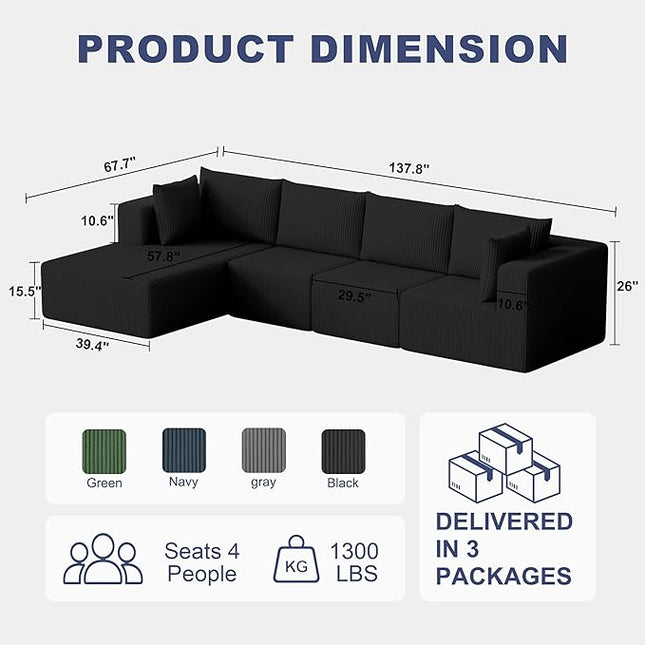 138" Boneless Couches for Living Room, Modular Cloud Couch Sofa - 4 Pieces L Shap Corduroy Sectional Sofa, Fluffy Memory Foam Sleeper Sofa Furniture, No Assembly, Wide Armrest, Black