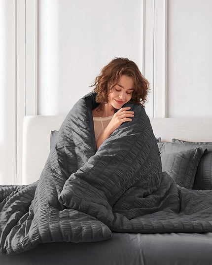 MUXHOMO 7 Pieces King Comforter Set, Seersucker Bed in a Bag King Size, All Season Luxury Bedding Set with Comforter, Flat Sheet, Fitted Sheet, Pillowcases & Shams, Dark Grey