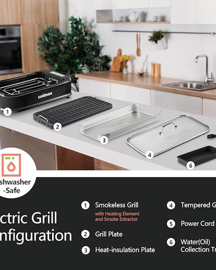 Smokeless Grill Indoor, CUSIMAX Electric Grill, 1500W Portable Korean BBQ Grill with LED Smart Display & Tempered Glass Lid, Non-stick Removable Plate, Dishwasher Safe, Black