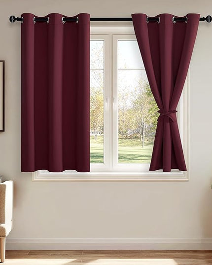 JIUZHEN Burgundy Blackout Curtains with Tiebacks Thermal Insulated, Light Blocking and Noise Reducing Grommet Curtains for Bedroom and Living Room, Set of 2 Window Curtain Panels, 42 x 54 Inch Length