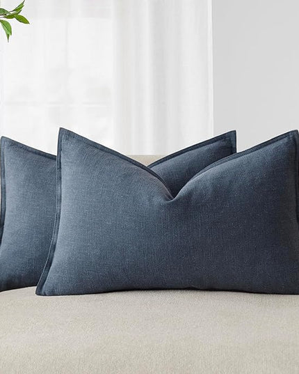 Foindtower Pack of 2, Decorative Linen Soild Throw Pillow Covers Soft Accent Lumbar Cushion Case Boho Farmhouse Pillowcase for Couch Sofa Bedroom Living Room Home Decor 12 x 20 Inch Navy Blue