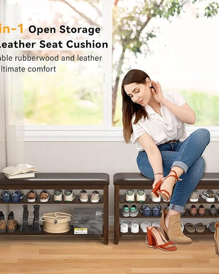 Shoe Rack Bench Entryway Storage with Leather Cushion, Shoe Organizer Bench for Entryway, Ideal for Front Doors Entrances Hallway Mudroom Featuring Rubberwood And 3 Height-Adjustable Removable Shelve