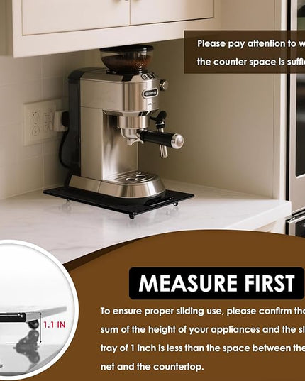 360° Sliding Tray for Coffee Maker & Kitchen Appliances - Silent Rubber Wheels, Acrylic Organizer Tray for Under Cabinet - Space Saving Countertop Accessory, 9.8x14 Inch (Black)