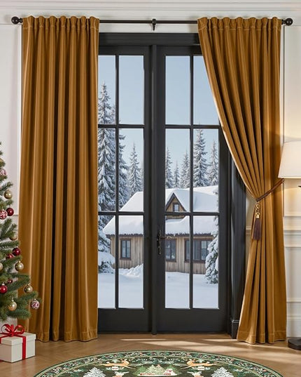 Lazzzy Gold Brown Blackout Velvet Curtains 96 Inches Long Thermal Insulated Room Darkening Curtain Drapes Luxury Back Tab Window Treatments for Bedroom Living Room 2 Panels, 52 x 96 Inch, Golden Brown