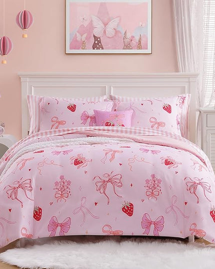 Full Size Comforter Set for Girls-7 Pieces Pink Bow Full Bedding Sets for Kids, Ultra Soft Bed in A Bag with Sheets
