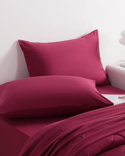 NTBAY Twin Comforter Set with Sheets, 5 Pieces Soft and Breathable Twin Bedding Set, Twin Bed in a Bag, Down Alternative Comforter Set Solid Color All Season, Kids Bedding Set, Wine Red