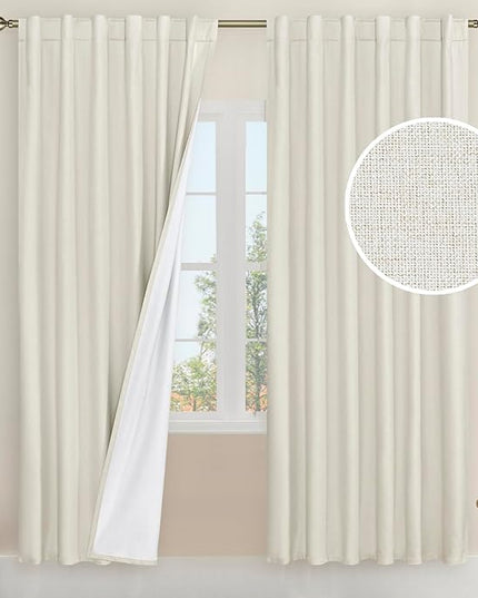 LAMIT Natural 100% Blackout Linen Curtains, 80 Inches Linen Textured Thermal Bedroom Curtains Back Tab and Rod Pocket Neutral Panels with White Liner for Farmhouse, 2 Panels, 52 x 80 Inch, Ivory