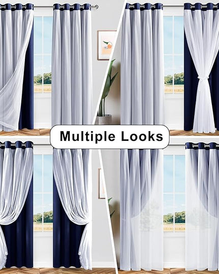 Hiasan Blackout Curtains with Sheer Overlay, Thermal Insulated Privacy Mix and Match Double Layer Window Curtains for Bedroom, Living Room, 2 Drape Panels Sewn with Tiebacks, Navy Blue, 52W X 54L