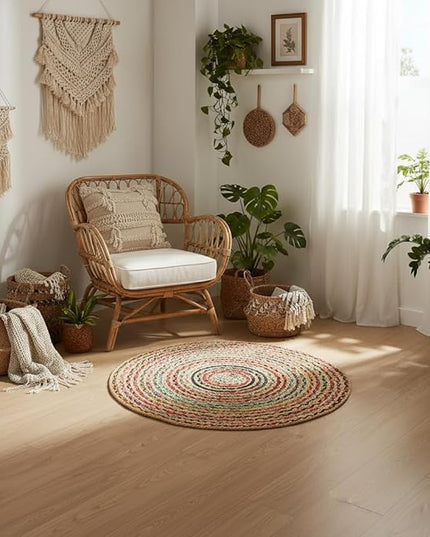 REDEARTH · Jute Cotton Chindi Area Rug - 3' Round Rug, Handwoven, Non-Shedding, Soft & Durable – Multi Tones for Home Décor in Living Room, Dining Room, Bedroom, Set of 2