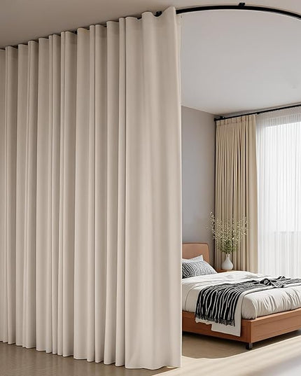 Room Divider Curtains Flexible Ceiling Tracks Set Curtain Track Ceiling Mount Blackout Curtain for Living Room Bedroom Ceiling Curtain Rod Privacy Dividers Panels W180 x H96 Beige Drape & Black Rail