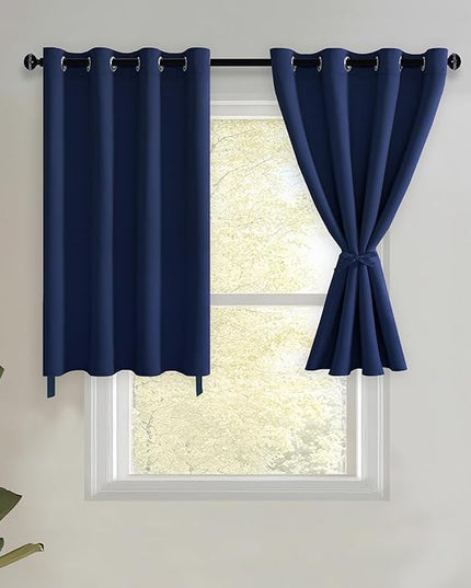 JIUZHEN Short Curtains Kitchen Half Window Blackout Curtains with Tiebacks for Baseroom Shadows, Grommet Curtains for Living Room, Set of 2 Window Curtain Panels, 52 x 36 Inch Length，Navy Blue