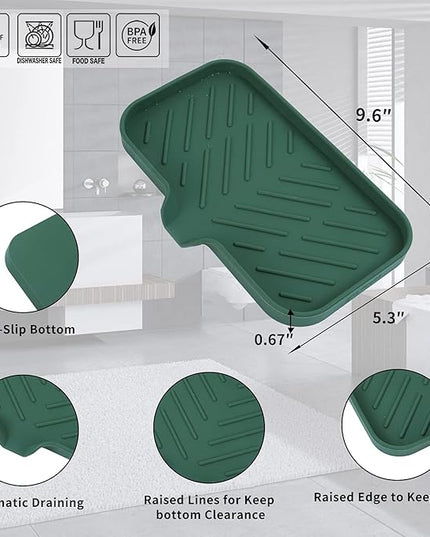 Silicone Bathroom Soap Dishes with Drain Spout-Bathroom and Kitchen Sink Organizer,Sponge Holder,Dish Soap Tray,Perfect for Dispenser,Scrubber,Bottle,Cup on Sink or Counter-Green 9.6"×5.3"