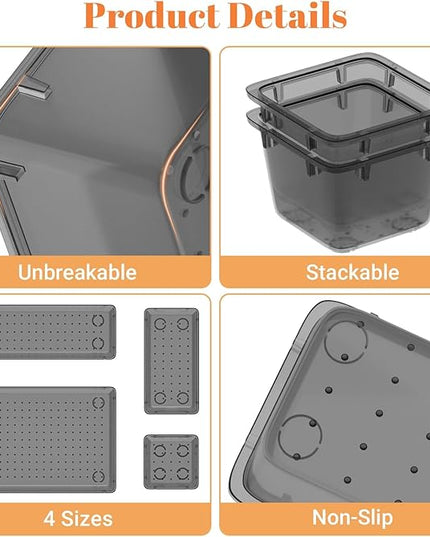 15 PCS Clear Plastic Drawer Organizer Set, 4-Size Acrylic Drawer Storage Trays, Storage Bins for Makeup, Gadgets, and Jewelry in Bathroom, Bedroom and Office, Clear Black