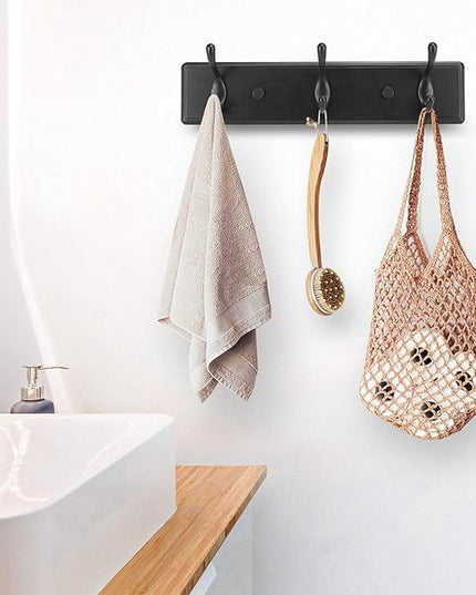 Wooden Coat Rack, Wall-Mounted Organizer for Closet, Entryway, Hallway, Foyer, Bedroom, Heavy Duty Double Hooks for Hanging Towels, Bags, Hats, Jackets, Key (Black, 3 Hooks)
