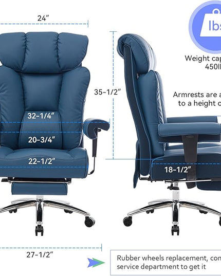 Efomao Ergonomic Office Chair 450LBS with Foot Rest, High Back PU Leather Big and Tall Executive Chair with Adjustable Padded Armrests, Lumbar Support for Home or Work, Heavy Duty Computer Chair, Blue