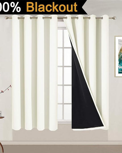 Yakamok 100% Blackout Curtains 54 Inches Long, 2 Thick Layers Thermal Insulated Blackout Curtains for Bedroom, Full Light Blocking Drapes with Black Liner (52" Wide Each Panel, Cream, 2 Panels)