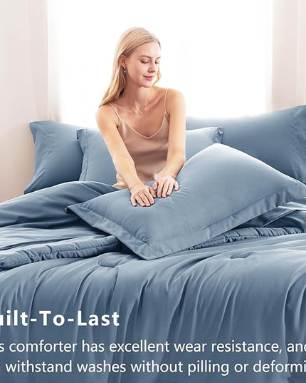 CozyLux Queen Comforter Set Grayish Blue, 7 Pieces Bed in a Bag Queen Comforter Set with Sheets, Bedding Sets with Down Alternative Comforter, Fitted Sheets, Flat Sheets, Pillow Shams and Pillowcases