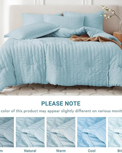 MUXHOMO 5 Pieces Twin Comforter Set, Seersucker Bed in a Bag Twin Size, All Season Luxury Bedding Set with Comforter, Flat Sheet, Fitted Sheet, Pillowcase & Sham, Lake Blue