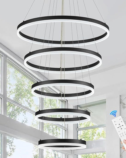 5-Rings Modern LED Chandelier Black High Ceiling Chandelier with Remote Control Dimmable Pendant Lighting for Dining Room Foyer Living Room Entryway Staircase(3000K-6500K, D23.6’’)