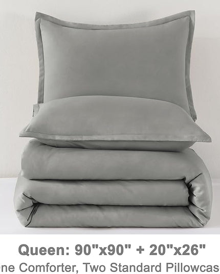 Litanika Comforters Medium Gray Queen Size, 3 Pieces Lightweight Solid Bedding Set & Collections, All Season Fluffy Bed Set (90x90In Comforter & 2 Pillowcases)