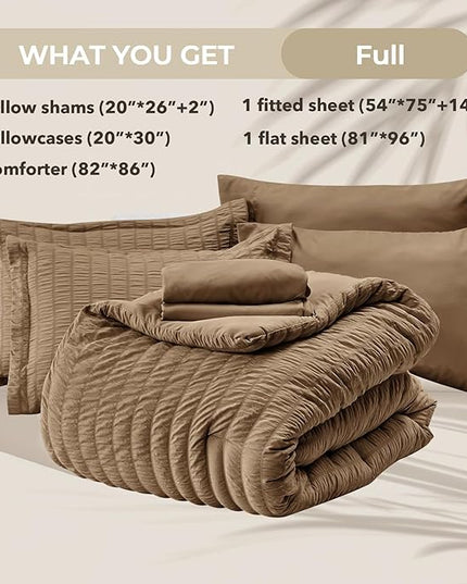 HYMOKEGE Brown Full Size Comforter Sets Seersucker 7 Pieces, All Season Luxury Bed in a Bag for Bedroom, Bedding Set with Comforter, Sheets, Pillowcases & Shams