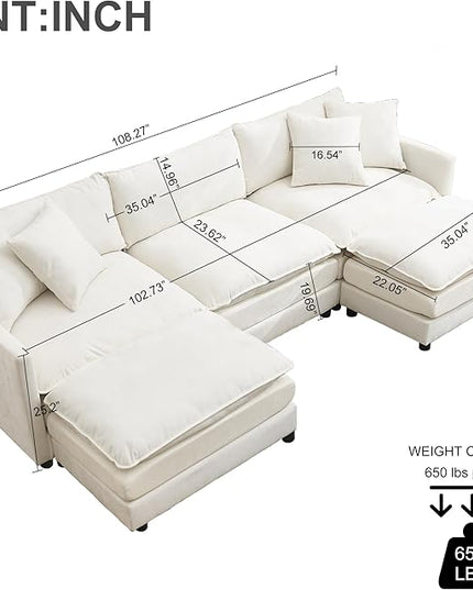 U-Shaped Modular Sectional Sofa Set with Ottomans - 108" Modern Corduroy Cloud Couch for Living Room (3-Seater + 2 Movable Ottomans + 3 Pillows) - Chenille Fabric in Beige