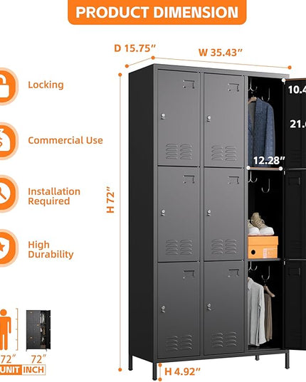 Aobabo New 9 Doors Metal Storage Locker for Employees, Lockable Steel Locker with Name Card Slot and 27 Hooks for School Office Gym Garage, Black, Assembly Required