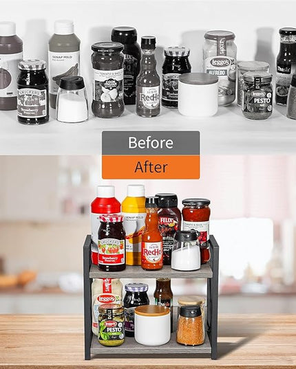 Giikin Countertop Shelf Organizer, 2 Tier Kitchen Spice Rack Organizer for Countertop, Wood Coffee Counter Shelf Organizer for Home (Grey, S)