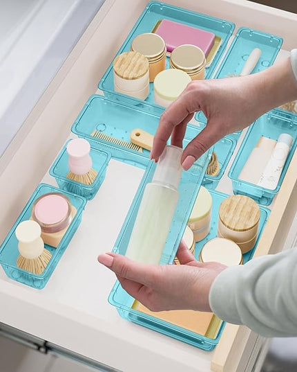 15 PCS Clear Plastic Drawer Organizer Set, 4-Size Acrylic Drawer Storage Trays, Storage Bins for Makeup, Gadgets, and Jewelry in Bathroom, Bedroom and Office, Clear Sea Blue