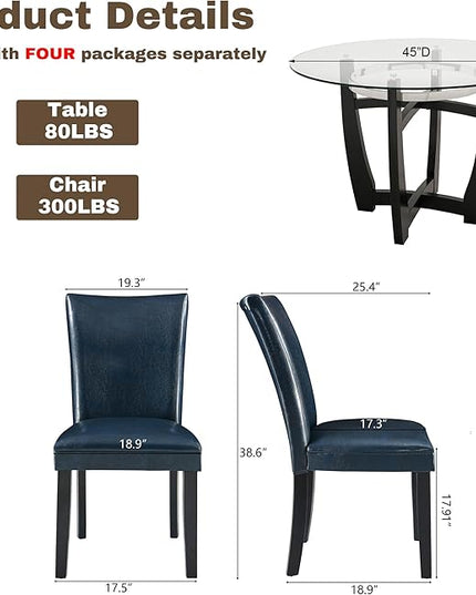 PADMA HOUSE Round Glass Dining Table Set for 4, 45in Modern Kitchen Small Wood Dinner Table with 4 Parsons Leather Dining Chairs 5 Piece Dining Room Table Chair Set, Clear&Purplish Blue