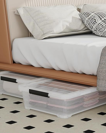 4Pack 40 Qt Plastic Under Bed Storage Organizer Bin Container with Secure Lids and Durable Wheels, Clear