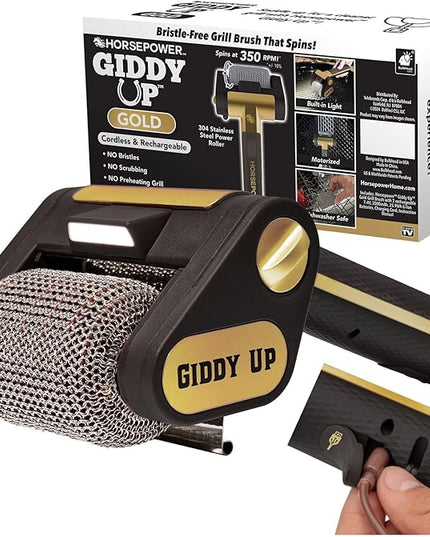 Horsepower Giddy Up GOLD Bristle-Free Spinning Grill Brush w/LED & Longer Run Time, Cordless/Rechargeable, 304 Stainless Steel Power Roller Blasts Away Burnt-On Food, No Bristles No Preheating 350 RPM