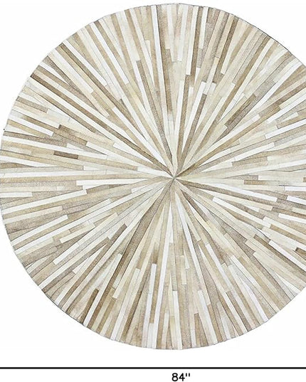 Premium Cowhide Leather Hand Made Stripes Patterned Round Area Rug - 7X7 ft - Beige, Premium Hand Made House Carpet for Living Room, Bedroom, Entryway