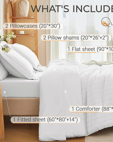 MUXHOMO 7 Pieces Queen Comforter Set, Seersucker Bed in a Bag Queen Size, All Season Luxury Bedding Set with Comforter, Flat Sheet, Fitted Sheet, Pillowcases & Shams, White