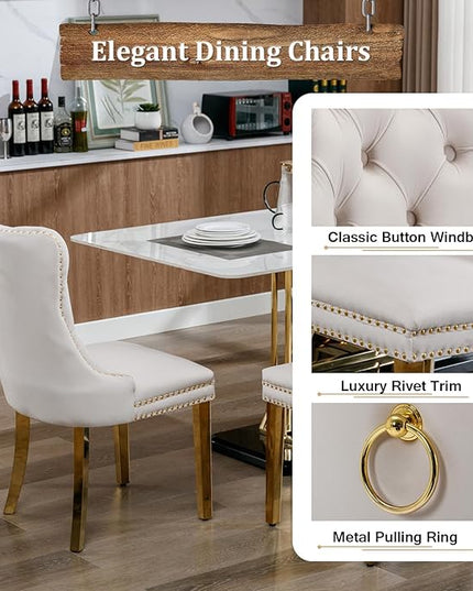 7 Piece Dining Table Set with 6 Beige Dining Chairs, Modern Glass Kitchen Table and Chairs Set for 6, 70" Rectangle Gold Glass Pedestal Dining Room Tables with Ring-Shape Stainless Steel Base