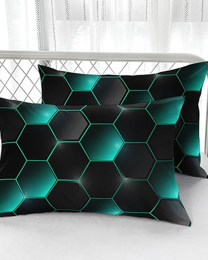 Geometric Black Green Neon Comforter Set,Light Honeycomb 3 Piece Bedding Set King for Teen Boys,Modern Bedding Quilt Set Geometry Decor,Microfiber Lightweight 1 Comforter 2 Pillowcases All Season