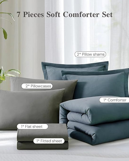 WRENSONGE Queen Comforter Set - 7 Pieces Blue Grey Bed in a Bag Queen with Sheets, 2 Pillow Shams, and 2 Pillowcases- Warm Bedding Sets Queen for All Season