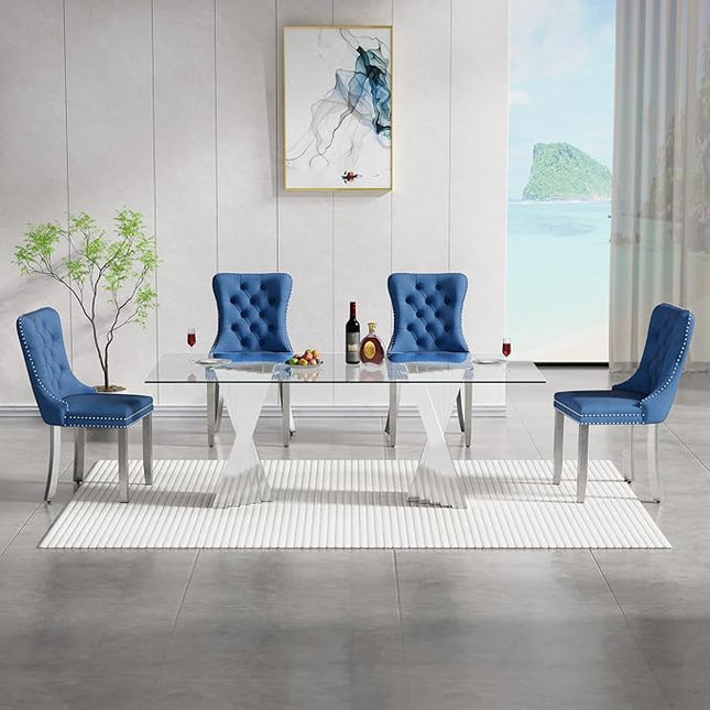 5 Piece Glass Dining Table Set,70" Dinner Room Glass Table Set for 4,Modern Kitchen Dinner Table Set with Stainless Steel Base and 4 Upholstered Velvet Dining Chairs for Living Dining Room