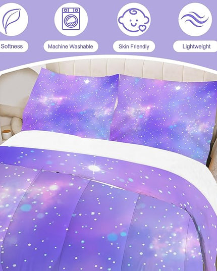 Tie Dye Ombre Bedding Set Twin for Kids Girls Teens Gradient Purple Comforter Set Glitter Bedding Set Colorful Quilt Set with 1 Comforter + 1 Pillowcase