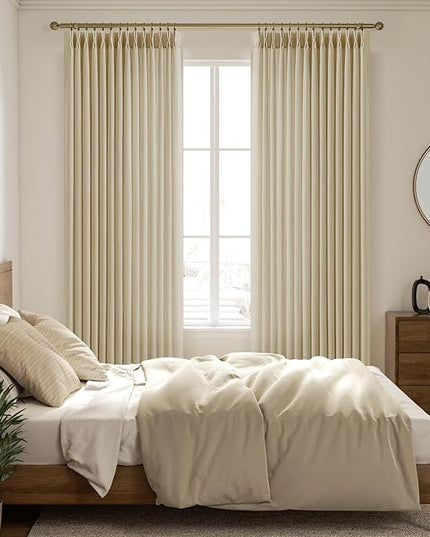 Pinch Pleated Beige 84 Inches Long Curtains for Bedroom or Living Room, Memory Shaped Cream Linen Window Drapes Light Filtering Privacy 7 ft Boho Curtain with Back Tab and Hooks 2 Panels Set