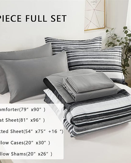 KAKIJUMN 7 Piece Bed in a Bag Stripe Comforter Set Full Size, White Grey Black Patchwork Striped Comforter and Sheet Set, All Season Soft Microfiber Complete Bedding Sets(Grey,Full)