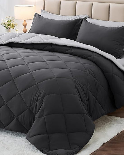 MUXHOMO 7 Pieces Queen Comforter Set, Reversible Bed in a Bag Queen Size, All Season Bedding Set with Comforter, Flat Sheet, Fitted Sheet, Pillowcases & Shams, Dark Grey & Light Grey