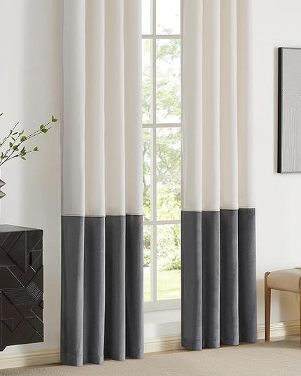 BULBUL Color Block Window Curtains Panels 63 inches Long Cream Ivory Grey Velvet Farmhouse Drapes for Bedroom Living Room Darkening Treatment with Grommet Set of 2