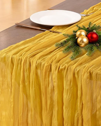 Socomi Gold Yellow Cheesecloth Table Runner Christmas Boho Rustic Gauze 120 inch 10FT Cheese Cloth Runner for Wedding Party Baby Shower Birthday Home Decor Holiday Decorations