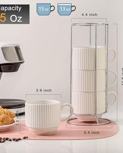 HASENSE Coffee Cups Set of 4 with Stand, 15 OZ Stackable Coffee Mugs with Handle for Tea, Cocoa, Cappuccino, Latte and Americano, Porcelain Vertical Stripe Coffee Cups for Men and Women, Pure White